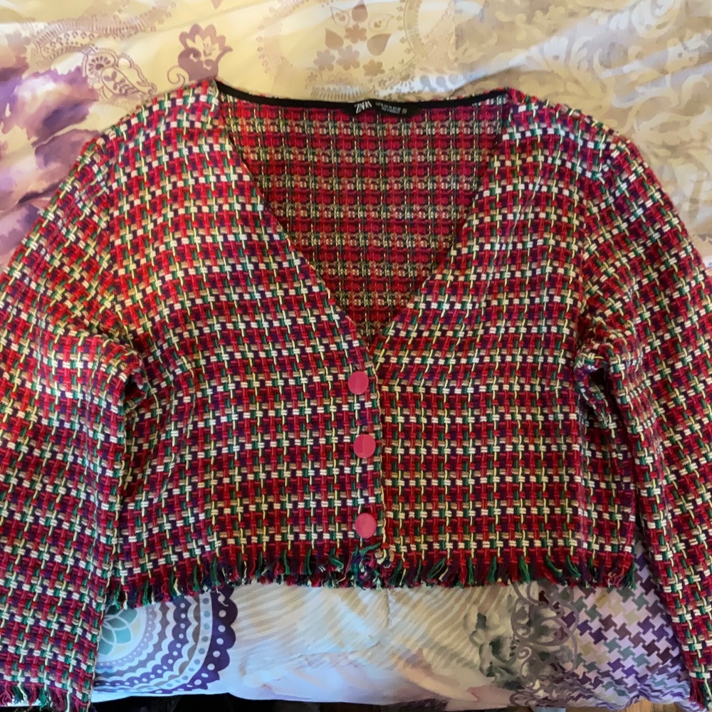 Zara Frayed Textured Multicolored Cardigan
